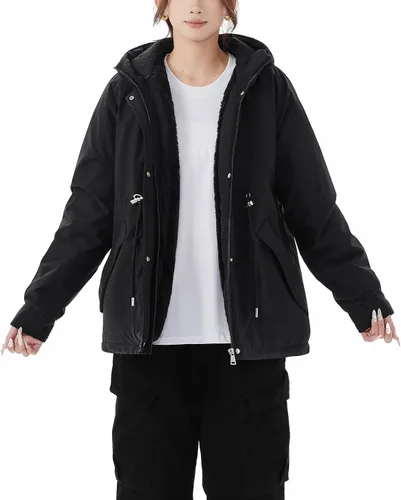 Vista 2 de JiangWu - Chaqueta con capucha de estilo Sherpa para mujer, forro polar grueso, abrigada para invierno A-Negro