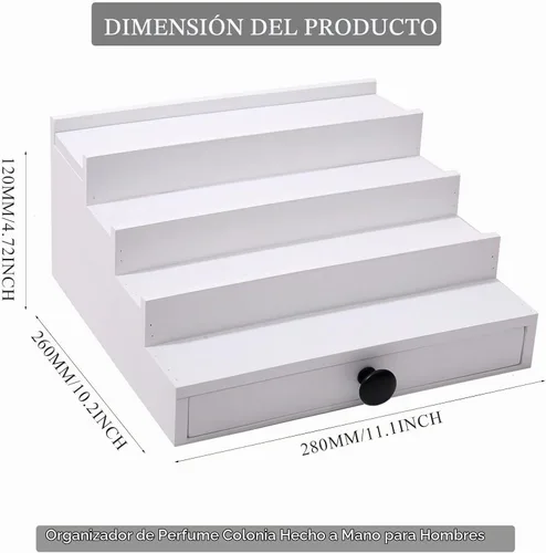 Vista 5 de 4 Tier White Cologne Organizer, Wooden Display Stand with Drawer Storage Blanco-4 niveles