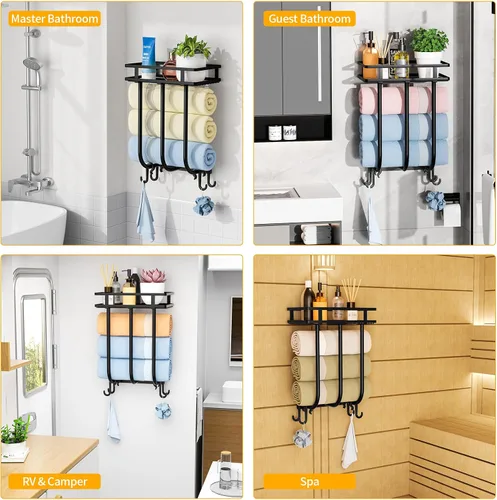 Vista 8 de Toalleros para baño, toallero montado en la pared con estante de metal y 4 ganchos para colgar, estante de toallas para baño pequeño, puede contener