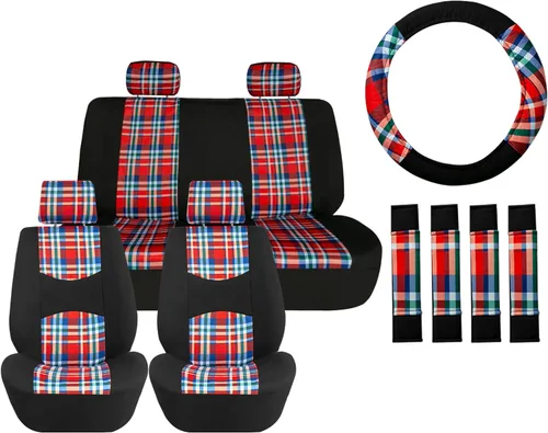 Vista 7 de TLH Fundas universales para asientos de automóvil Tartan57 estampado a cuadros beige, juego completo de fundas para asientos en tela plana