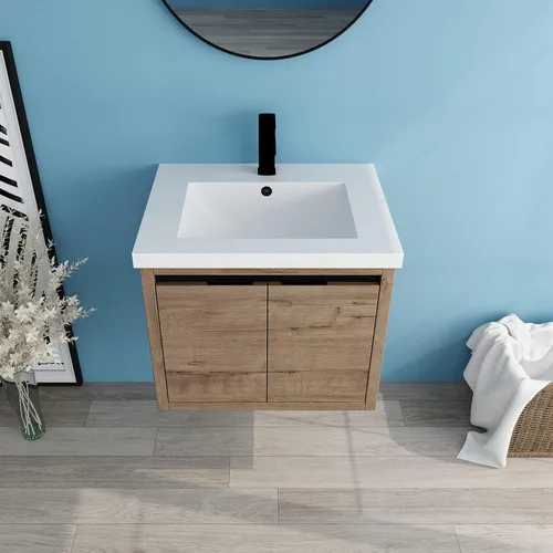 Vista 15 de Mueble de baño de 24 pulgadas con fregadero, tocador flotante de 24 pulgadas con fregadero de cerámica blanca brillante, gabinete de baño de madera