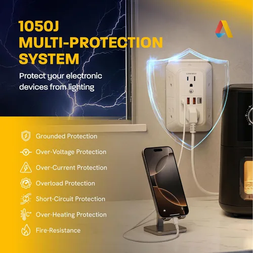 Vista 5 de Extensor de toma de pared de enchufe múltiple, divisor de 6 salidas y 4 puertos USB con carga rápida PD USB-C de 20 W, luz nocturna inteligente