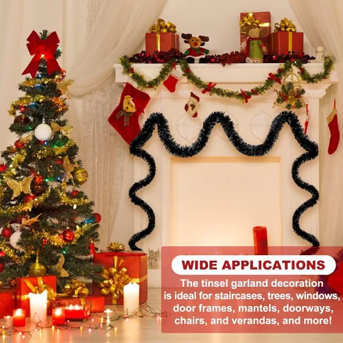 Vista 3 de Guirnalda de oropel de Navidad negra de 25 pies, pancarta de papel de aluminio metálico para colgar en la pared, telón de fondo para flotadores