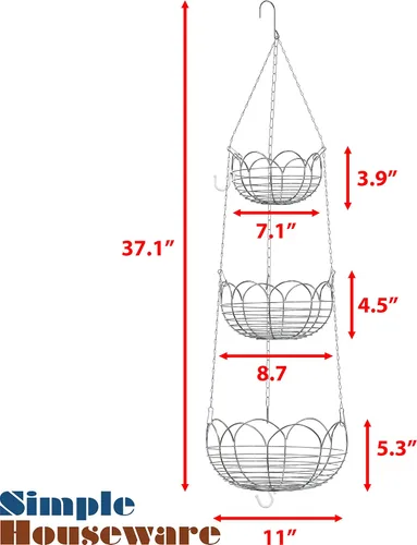 Vista 7 de Simple Houseware - Cesta colgante moderna para frutas de 3 niveles, cromado
