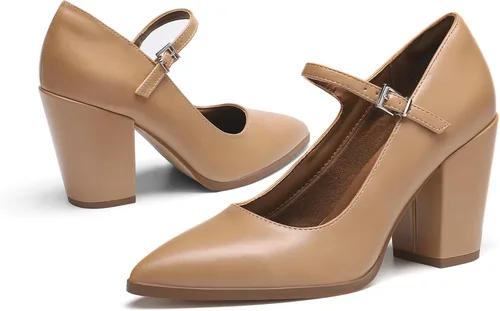 Vista 4 de DREAM PAIRS Zapatos de tacón alto y grueso para mujer, con puntera cerrada, zapatos Mary Jane, puntera puntiaguda, cómodos, zapatos de trabajo