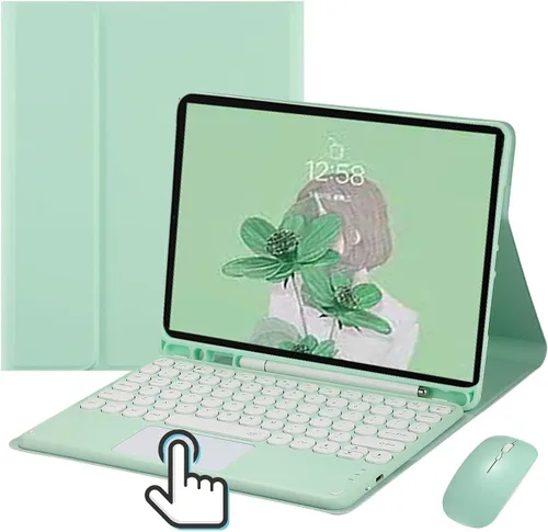 Vista 16 de Funda de teclado con panel táctil para iPad 6 iPad 5 Air 2 Pro de 9.7 pulgadas con teclado táctil retro de teclas redondas con ratón, teclado