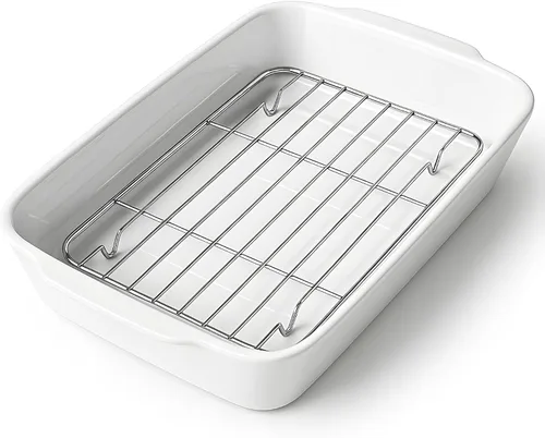 Vista 8 de HOMBENE - Cacerola blanca de 1.2 cuartos de galón, bandeja para lasaña para horno, utensilios para hornear, pequeña fuente de cerámica para hornear
