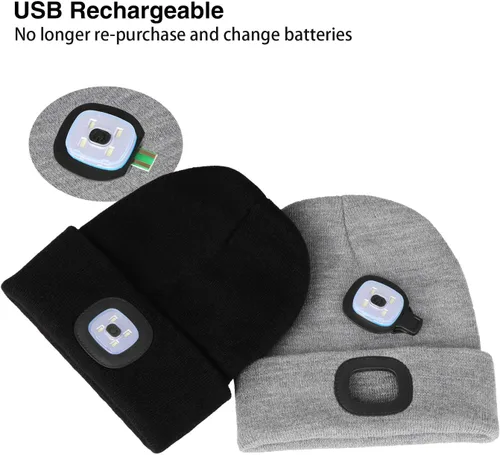 Vista 4 de PRAVETTE - Gorro de punto con luz LED, recargable, con USB, para hombre, mujer