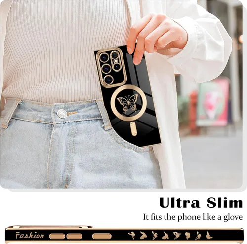 Vista 2 de Funda magnética para Samsung Galaxy S23 Ultra 5G, bonita funda de lujo con borde chapado de mariposa para mujeres, niñas y hombres, TPU suave, a