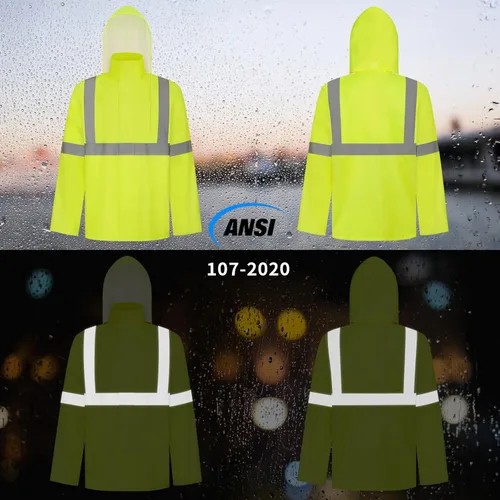 Vista 2 de TCCFCCT Chaqueta de lluvia de alta visibilidad para hombre, impermeable, abrigo de lluvia de alta visibilidad para hombres y mujeres con capucha