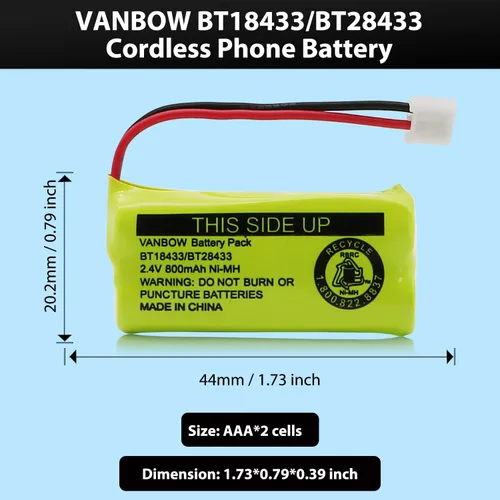 Vista 2 de BT18433/BT28433 2.4V 800mAh Ni-MH Batería inalámbrica para teléfono, también compatible con AT&T BT184342/BT284342 BT8300 BT1011 BT1018 BT1022