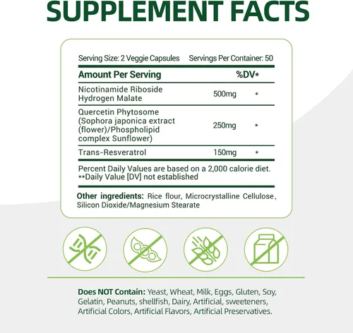 Vista 2 de Suplemento NAD+ con ribósido de nicotinamida y resveratrol 900 mg – Apoyo antienvejecimiento para mujeres y hombres, alternativa NMN, vegano sin OMG