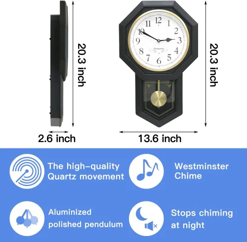 Vista 2 de BESTIME Reloj de péndulo de plástico 66236. Timbre Westminster cada hora, elegante, tradicional, hogar, oficina, sala de estar, dormitorio