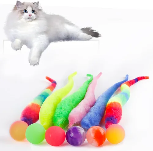 Vista 7 de Pelota hinchable con cola para gatos, 5 paquetes de gusano mágico grande con bola fluorescente de juguete para gatos, colorido gusano mullido