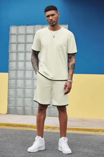 Vista 55 de COOFANDY Conjunto de camisa y pantalones cortos de gofre para hombre, conjunto de 2 piezas, conjunto casual de verano con bolsillos
