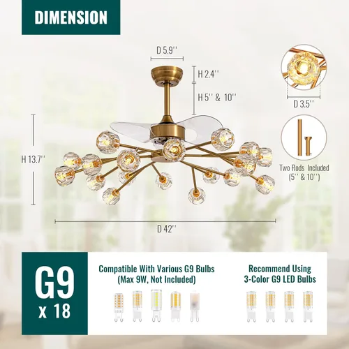 Vista 9 de Siljoy - Ventilador de techo de cristal moderno con 18 luces y control remoto, candelabro de cristal estilo Sputnik en latón dorado estilo granja