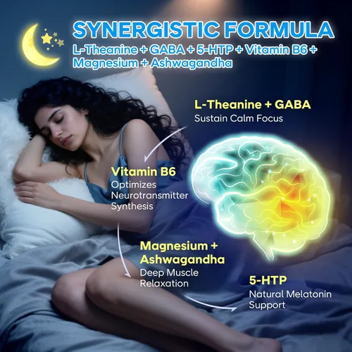Vista 5 de Gomitas de L-teanina con L-teanina de 400 mg, Ashwagandha, GABA, 5-HTP, glicinato de magnesio para calma, ZZZ y apoyo de relajación, vegano, sabor a