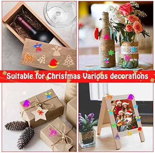 Vista 5 de 200 piezas de mini adornos de madera sin terminar, Halloween, Navidad, bricolaje, mini recortes de madera en blanco con caja de almacenamiento