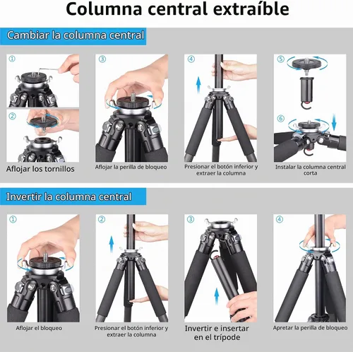Vista 9 de Trípode de cámara de fibra de carbono con cabeza de bola de perfil bajo de 1.732 in, trípode compacto profesional ARTCISE NS85C, columna central