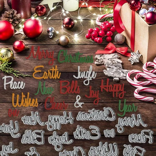 Vista 7 de Hying Troquel de corte de metal con palabras de Año Nuevo para hacer tarjetas y decoraciones de álbumes de fotos, letras de Feliz Navidad