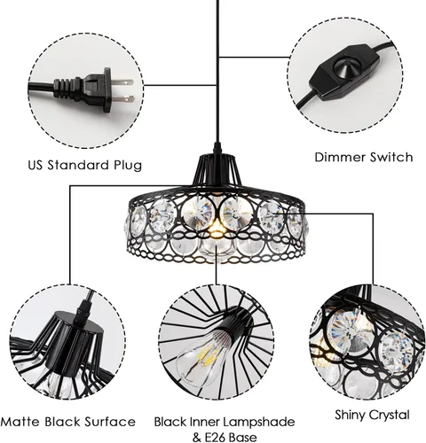 Vista 8 de Lámpara Colgante de Cristal Enchufable Negra Candelabro de Metal Industrial Luz Swag con Cable de 15 Pies e Interruptor de Encendido/Apagado