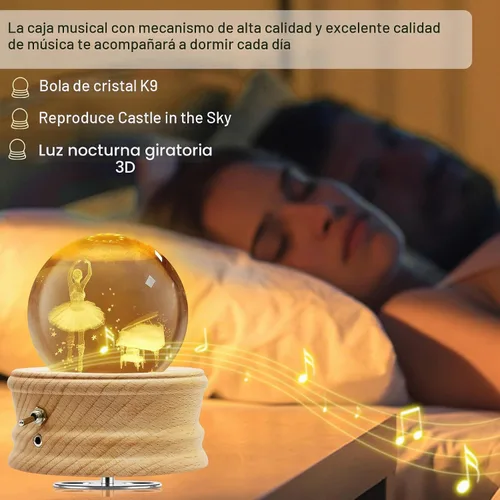 Vista 6 de Caja de música de bola de cristal 3D con luz LED de proyección y base de madera giratoria para Navidad, cumpleaños, día de San Valentín, cajas