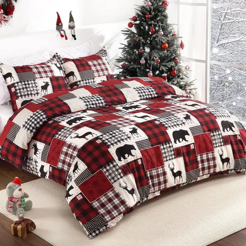 Vista 8 de Juego de funda de edredón navideña para cama individual para niños, juegos de funda de edredón de microfibra cepillada suave, con diseño de reno