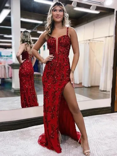 Vista 4 de Alikey Vestidos largos de encaje con lentejuelas y abertura, tirantes delgados, vestidos de noche con hombros descubiertos, vestidos de fiesta