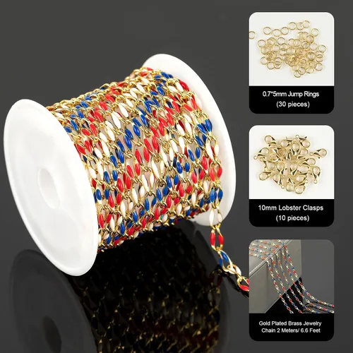 Vista 2 de YOUBEIYEE - Cadena chapada en oro para hacer joyas, color bandera estadounidense Cadena de cable esmaltada para mujer, collar, pulsera, cadenas