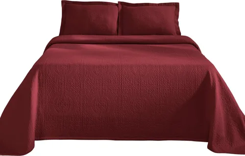 Vista 2 de Superior Fleur De Lis - Juego de colcha de algodón de 3 piezas, decoración de cama para el hogar, colcha decorativa con textura, 2 fundas de Granate