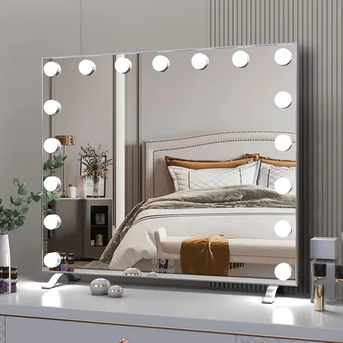 Vista 2 de Espejo de tocador con luces LED, 17 bombillas LED regulables, espejo de maquillaje con control táctil, montaje en mesa o pared, marco de aluminio