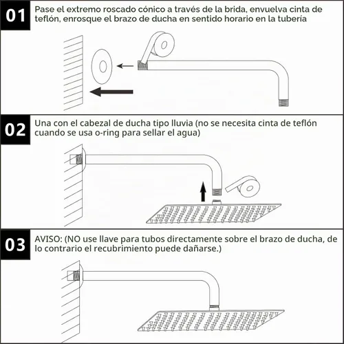 Vista 7 de Voolan Brazo de ducha con brida y cinta de teflón, brazo de extensión de cabezal de ducha para cabezal de ducha fijo de baño, acero inoxidable