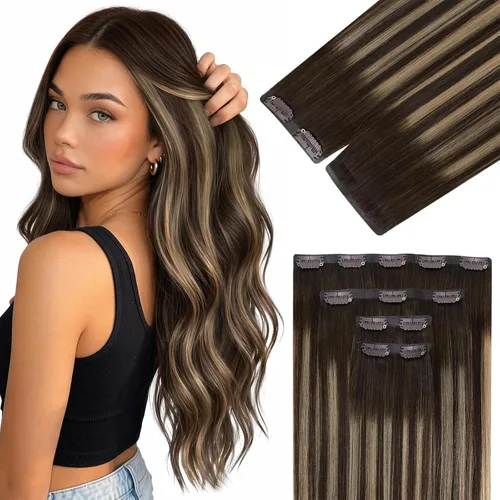 Vista 30 de Ve Sunny Extensiones de cabello clip-in de cabello humano real con reflejos, extensiones de cabello con clip para cabello corto, marrón oscuro