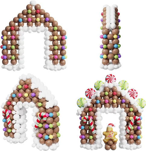 Vista 3 de Kit de 440 piezas de globos de Navidad para casa de jengibre, arco de globos marrón y blanco con piruletas, bastones de caramelo, hombre de jengibre