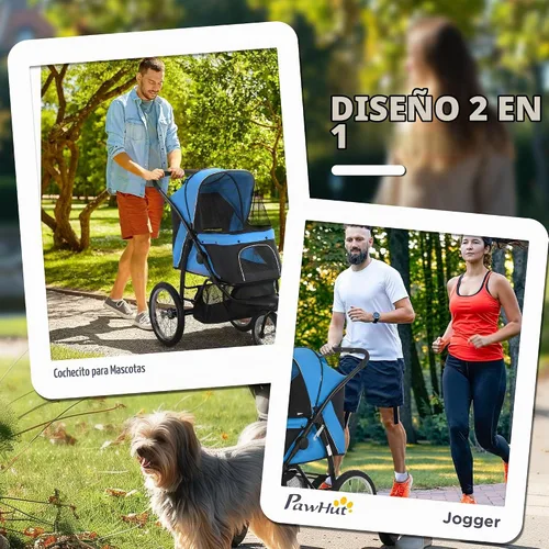 Vista 5 de PawHut Cochecito para mascotas de 3 ruedas, cochecito plegable para perros con toldo ajustable, correa de seguridad, cojín, cesta de almacenamiento
