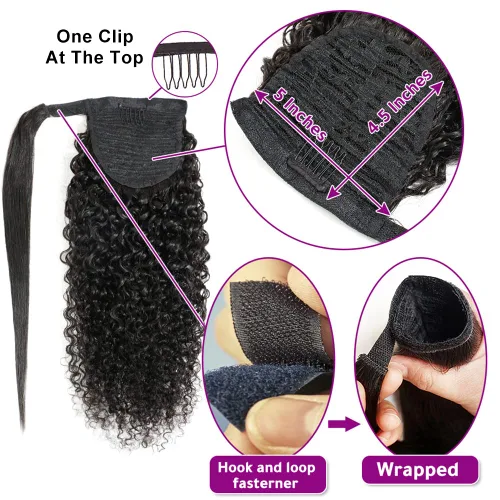 Vista 4 de Extensiones de cola de caballo con correa de cabello humano rizado, 100% cabello brasileño sin procesar, cola de caballo, pasta mágica con clip