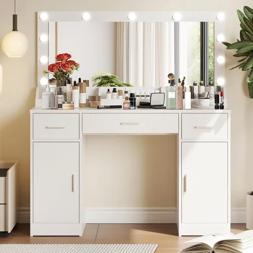Vista 10 de MIRROTOWEL Escritorio de tocador de 47.5 pulgadas con espejo grande, 3 modos de iluminación de color, brillo ajustable, cómoda con 3 cajones y 2