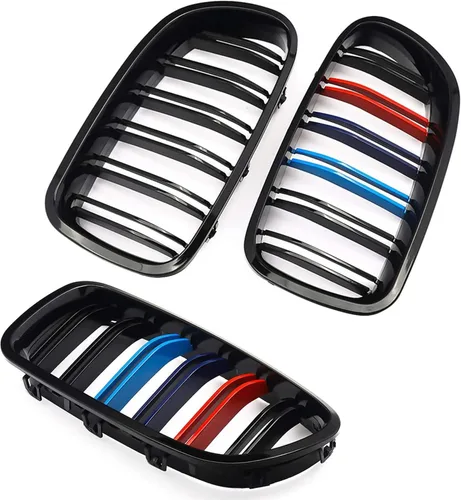 Vista 2 de Rejilla F10, parrilla frontal negra compatible con BMW 2010-2017 5 Series F10 F11 F18 M5 528i 535d 535i 550i, M Color Double Slats