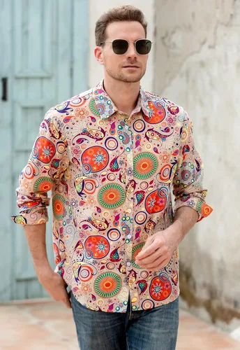 Vista 5 de QZH.DUAO Camisas de lino de discoteca de los años 70 para hombre, estilo casual, estampado de cachemira, floral, vintage, de manga larga y camisa