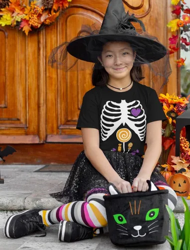 Vista 4 de Camisa de esqueleto con hilo dental con cabeza de calabaza, para danza, divertidas camisas de Halloween para jóvenes, niños y niñas