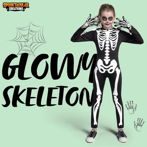 Vista 2 de Spooktacular Creations Disfraz de esqueleto de Halloween para niños, overol unisex de esqueleto que brilla en la oscuridad con guantes para niños