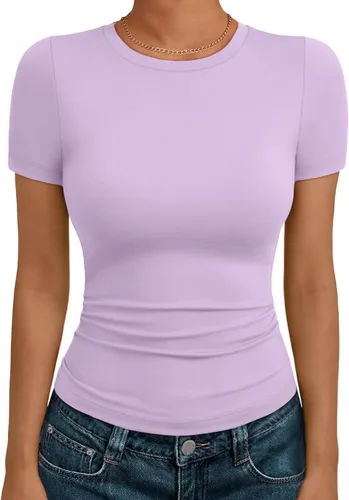 Vista 34 de AUTOMET - Camisetas básicas de manga corta para mujer, para verano, entrenamiento o gimnasio, con cuello redondo, ropa moderna estilo Y2K