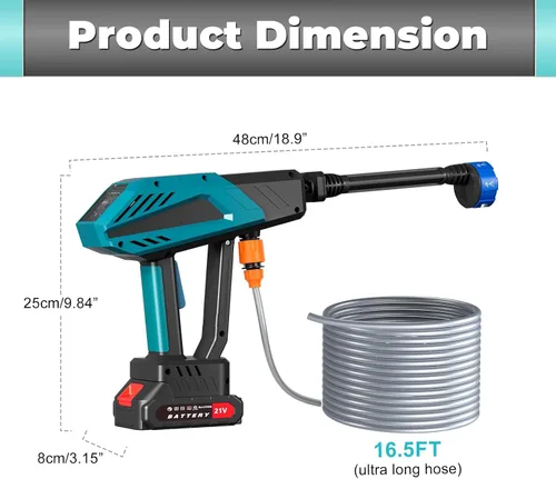 Vista 7 de Lavadora a presión inalámbrica de 21 V, lavadora a presión portátil de 600 PSI con boquilla 6 en 1, manguera extra larga de 16.5 pies, batería