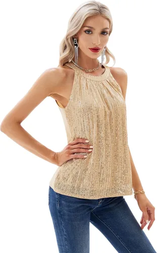 Vista 2 de GRACE KARIN Camiseta sin mangas con cuello halter de lentejuelas para mujer, sin mangas, elegante, brillante, para fiesta, club, cóctel, camiseta