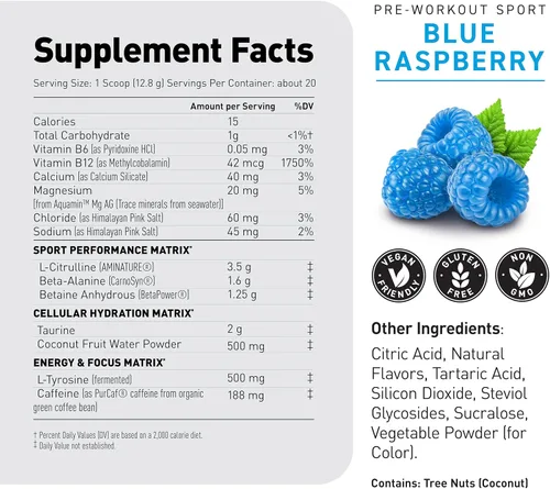 Vista 8 de Kaged Polvo Pre Entreno Deportivo para Hombres y Mujeres, Blue Razz, Certificado Deportivo, 188mg Cafeína, Suplemento de Óxido Nítrico, Beta Alanina