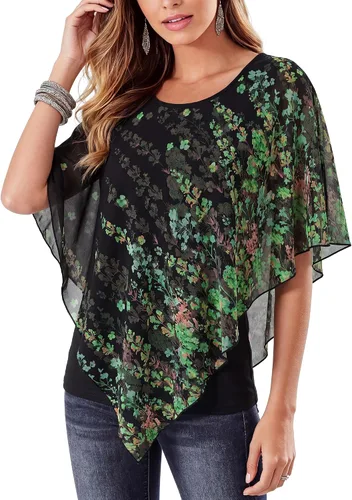 Vista 11 de Lotusmile Blusas elegantes de gasa tipo poncho para mujer 25 impresiones punto negro
