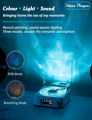 Vista 2 de The Waves - Altavoz Bluetooth, mini altavoces portátiles retro para ayudar a dormir, tocadiscos retro con ondas con luz ambiental, ruido blanco mar