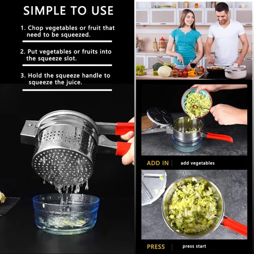 Vista 3 de Exprimidor de verduras de acero inoxidable de 13.5 onzas, mango de silicona roja antideslizante, exprimidor de agua vegetal de metal para exprimir