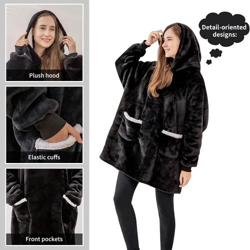 Vista 4 de Aisbo Manta con capucha para mujer, acogedora manta de forro polar Sherpa con capucha para adultos, mujeres y hombres, manta cálida y mullida