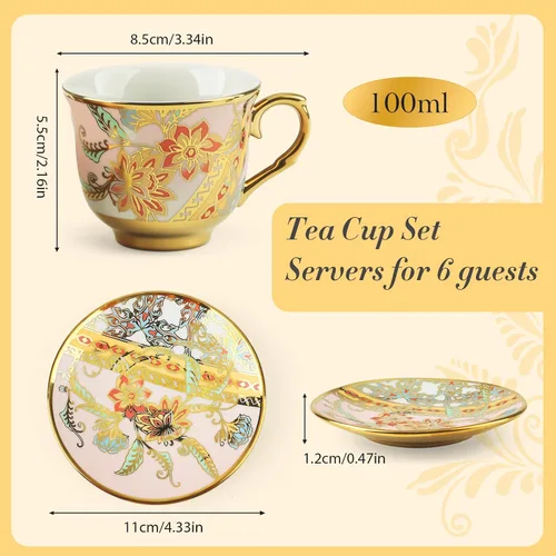 Vista 2 de Juego de 6 tazas de té y platillos, juego de té floral vintage de porcelana para expreso, café, moca, capuchino, fiesta de té de la tarde